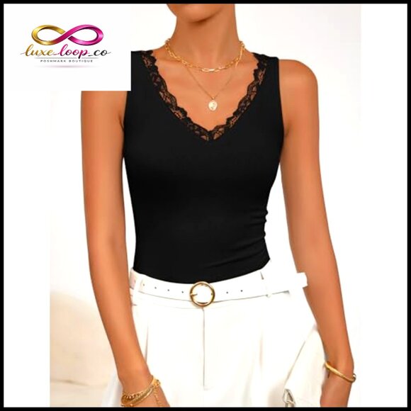 V-Neck Lace Trim Ribbed Knit Tank Top Sleeveless Casual Chic Summer - Picture 3 of 7